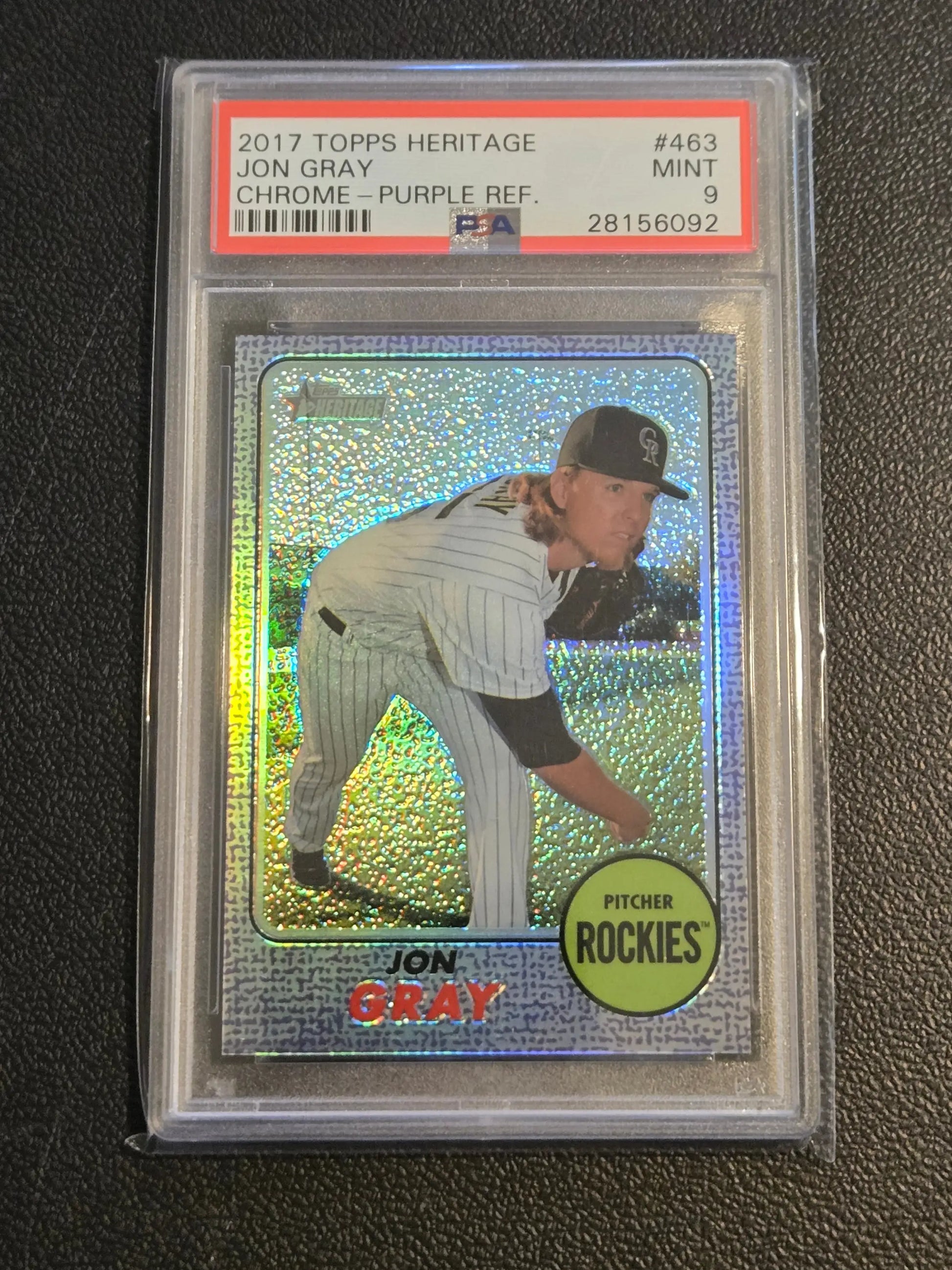 2017 Topps Heritage Jon Gray Chrome Purple Refractor baseball card in PSA 9 grade