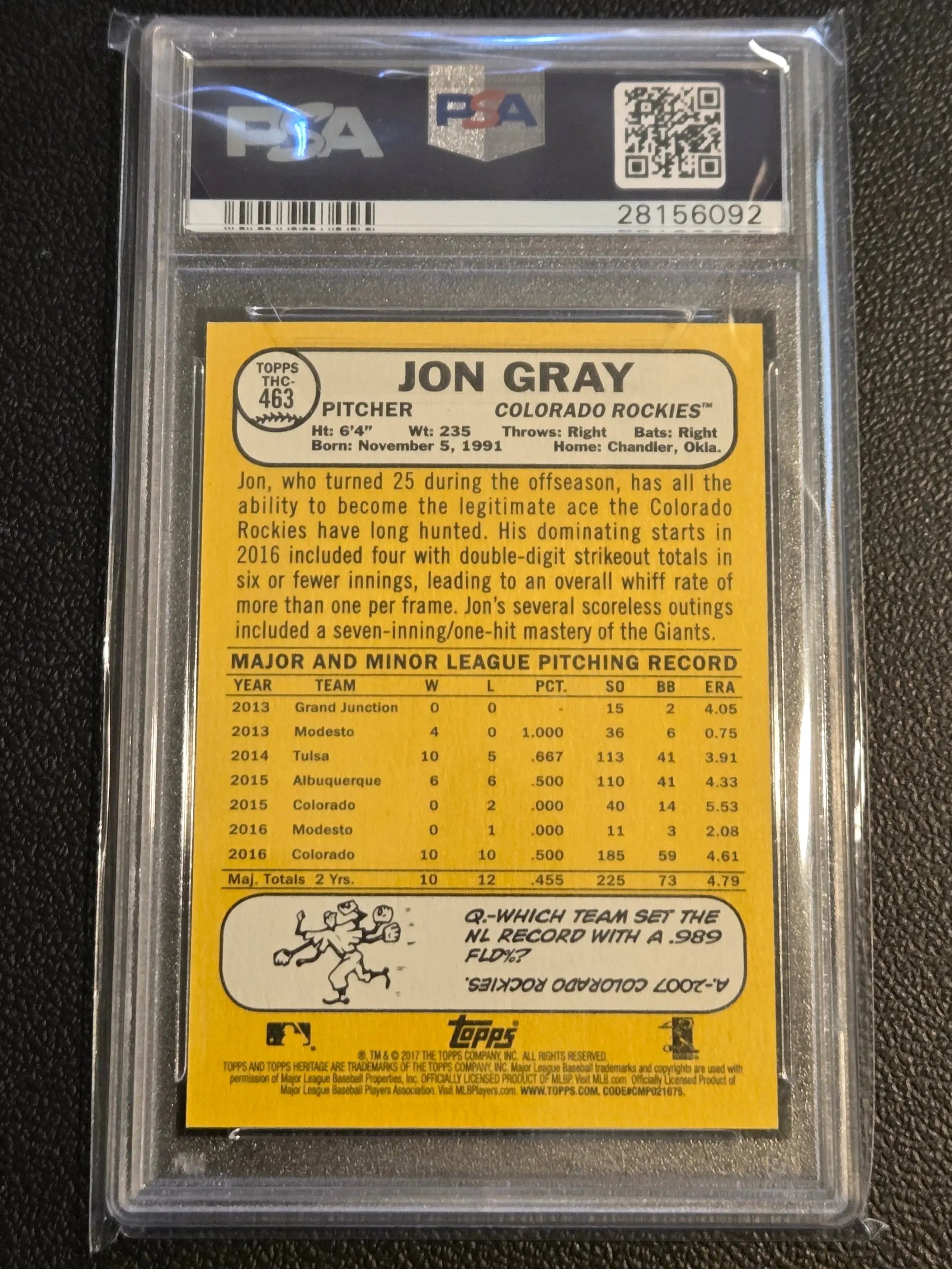 Baseball card of Jon Gray Chrome Purple Refractor PSA 9 in protective case