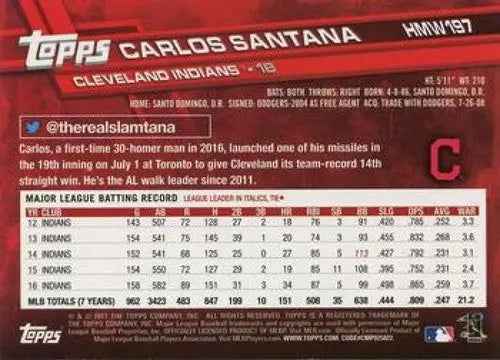 2017 Topps Holiday #HMW197 Carlos Santana NM-MT Indians - Trading Cards