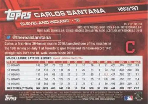2017 Topps Holiday Metallic Snowflake #HMW197 Carlos Santana NM-MT Indians - Trading Cards