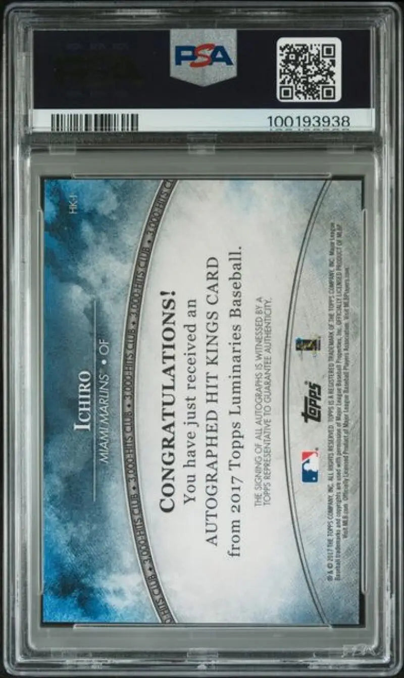 PSA 9 MINT Auto Ichiro card with congratulations message on blue for Miami Marlins collectors