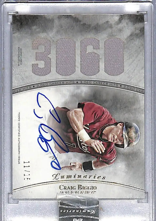 Signed baseball card of Craig Biggio in red uniform from Topps Luminaries Hit series
