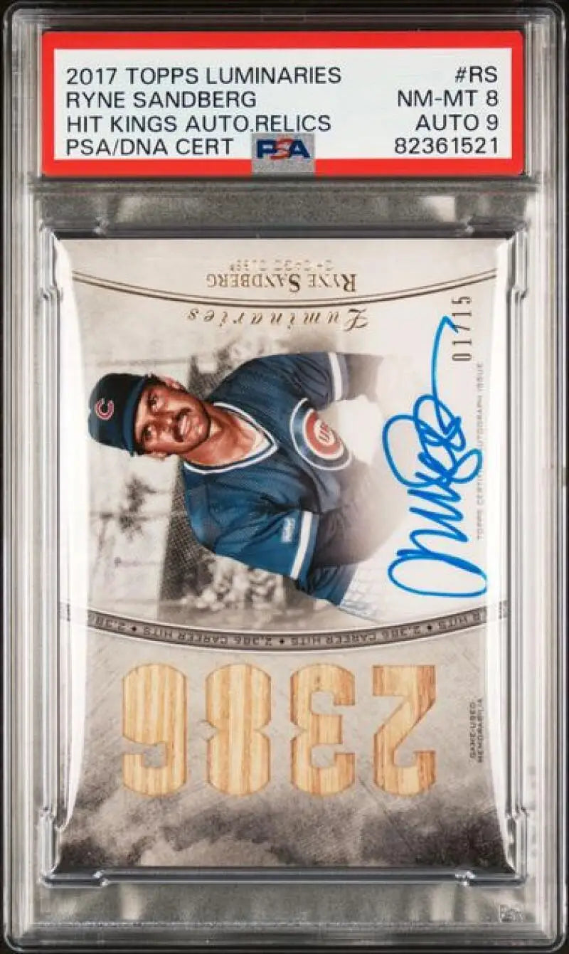 Graded Ryne Sandberg autographed baseball card with game-used bat relics from Topps Luminaries Hit Kings