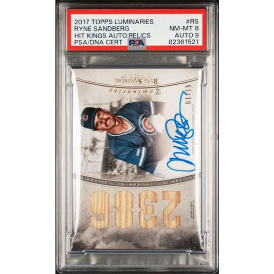 2017 Topps Luminaries Hit Kings Relics #HKR-RS Ryne Sandberg PSA 8 NM-MT MEM Auto 1/15 Chicago Cubs Baseball Card
