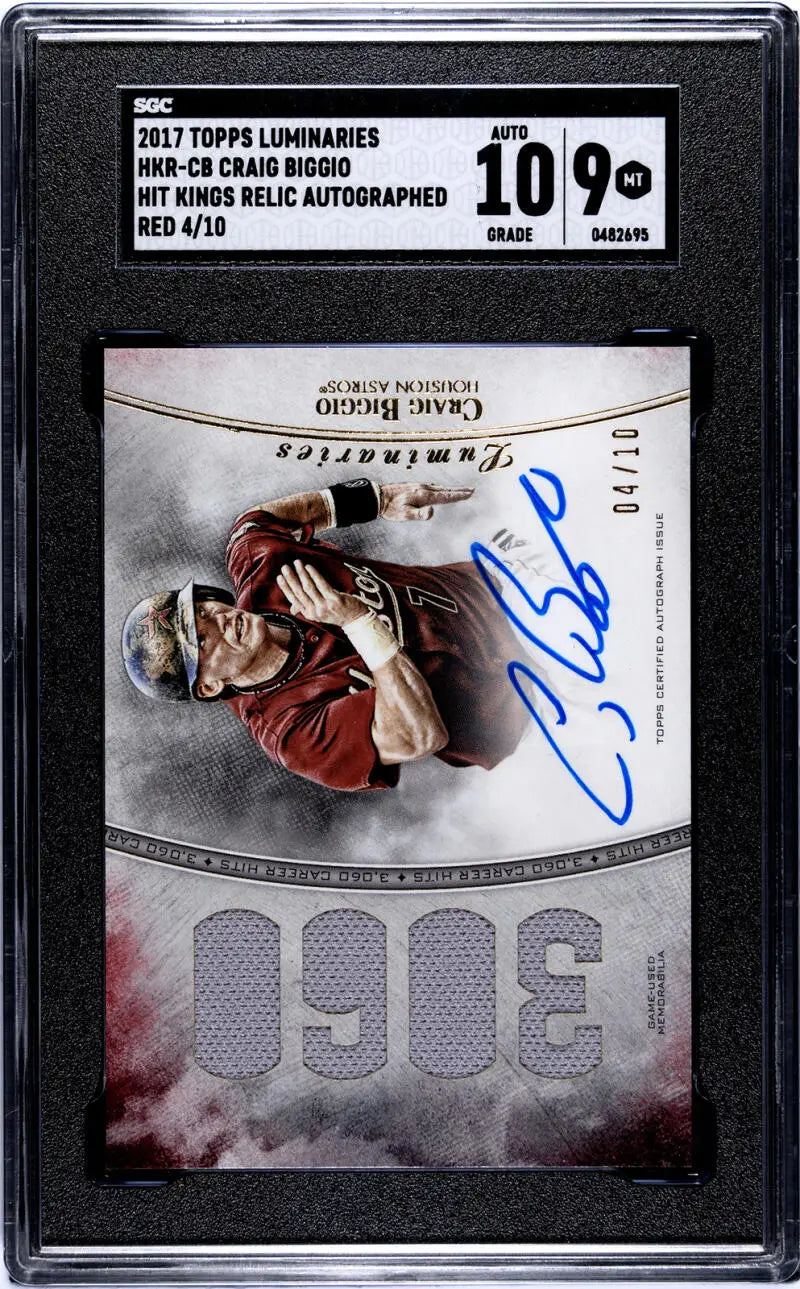 Graded autographed Craig Biggio Houston Astros baseball card in red jersey
