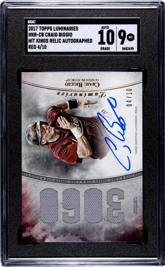 Graded autographed Craig Biggio Houston Astros baseball card in red jersey