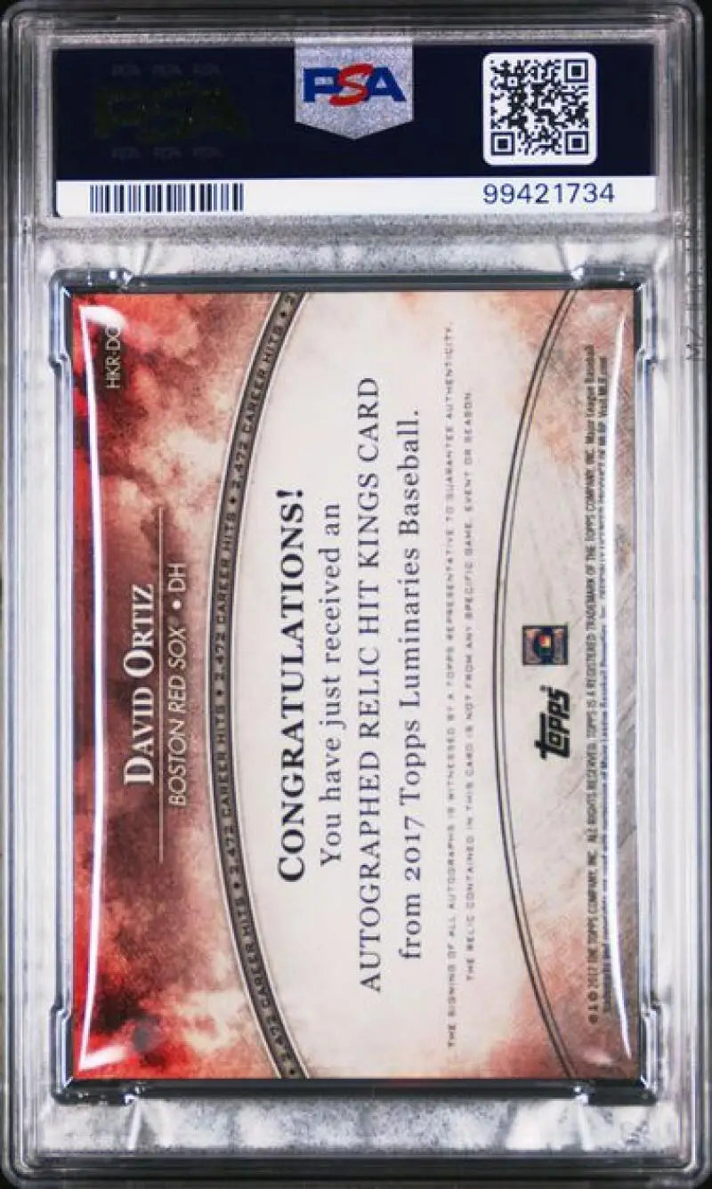 PSA-graded 2017 Topps Luminaries Hit Kings Relics Red David Ortiz baseball card with QR code