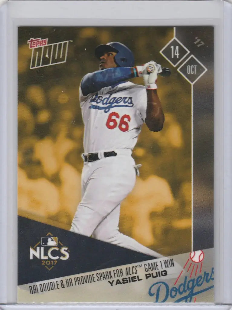 Baseball card of Dodgers Yasiel Puig in batting stance with jersey number 66, NLCSB RBI Double