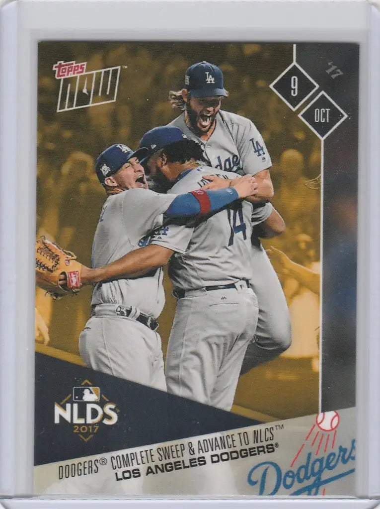 Baseball card of Dodgers players celebrating Dodgers complete sweep to advance to NLCS