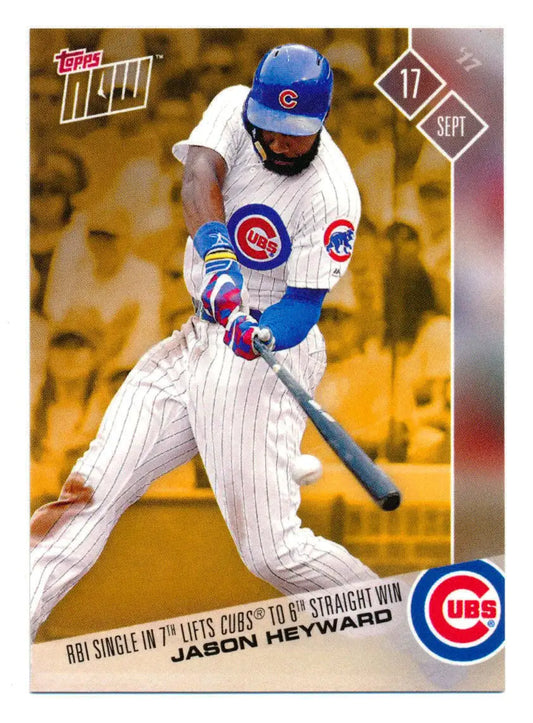 Baseball card of Jason Heyward swinging bat for Chicago Cubs Weekend Bonus edition