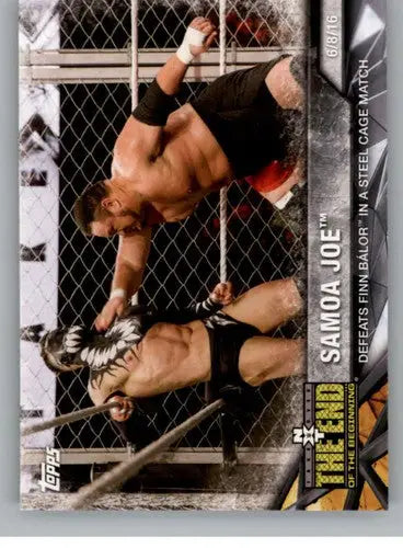 Topps NXT trading card of Samoa Joe defeating Finn Bálor in a steel cage match