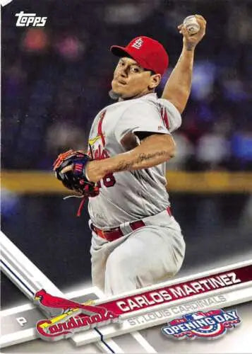 Carlos Martinez mid-pitch delivery in St. Louis Cardinals uniform from 2017 Topps Opening Day
