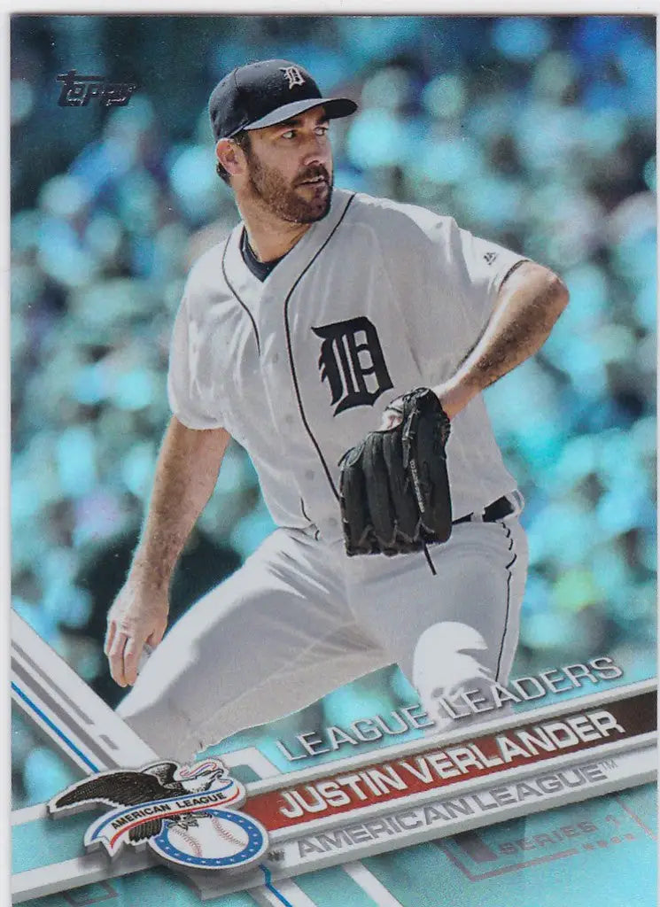 Baseball player Justin Verlander mid-pitch on 2017 Topps Rainbow Foil trading card