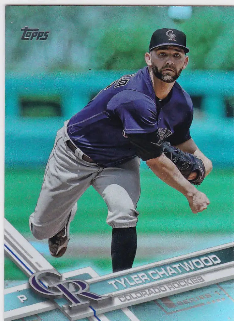 Baseball player Tyler Chatwood in purple Colorado Rockies uniform mid-pitch Topps Rainbow Foil