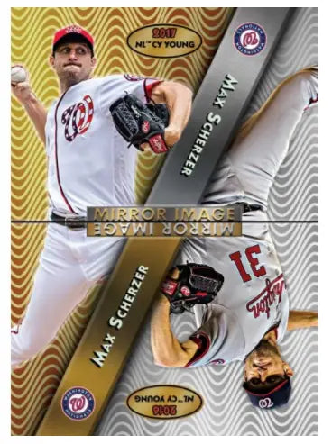 Baseball trading card of Max Scherzer in action with mirror image design by Topps TBT