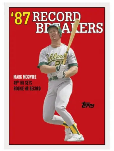 Baseball player in white and green uniform, holding bat for Mark McGwire Oakland card