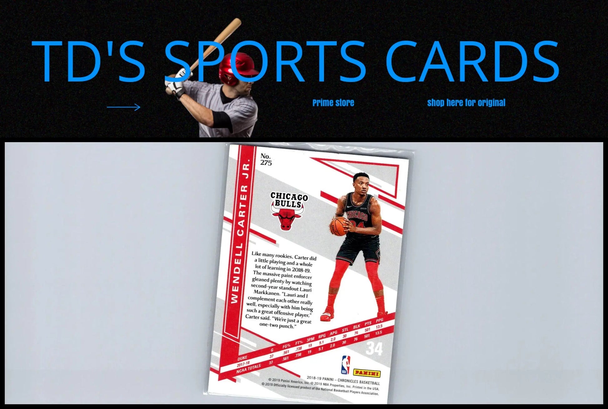 Wendell Carter Jr. 2018-19 Panini Chronicles trading card for collectors