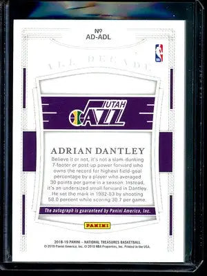 Back of Panini National Treasures Adrian Dantley Utah Jazz trading card featuring serial number 83/99