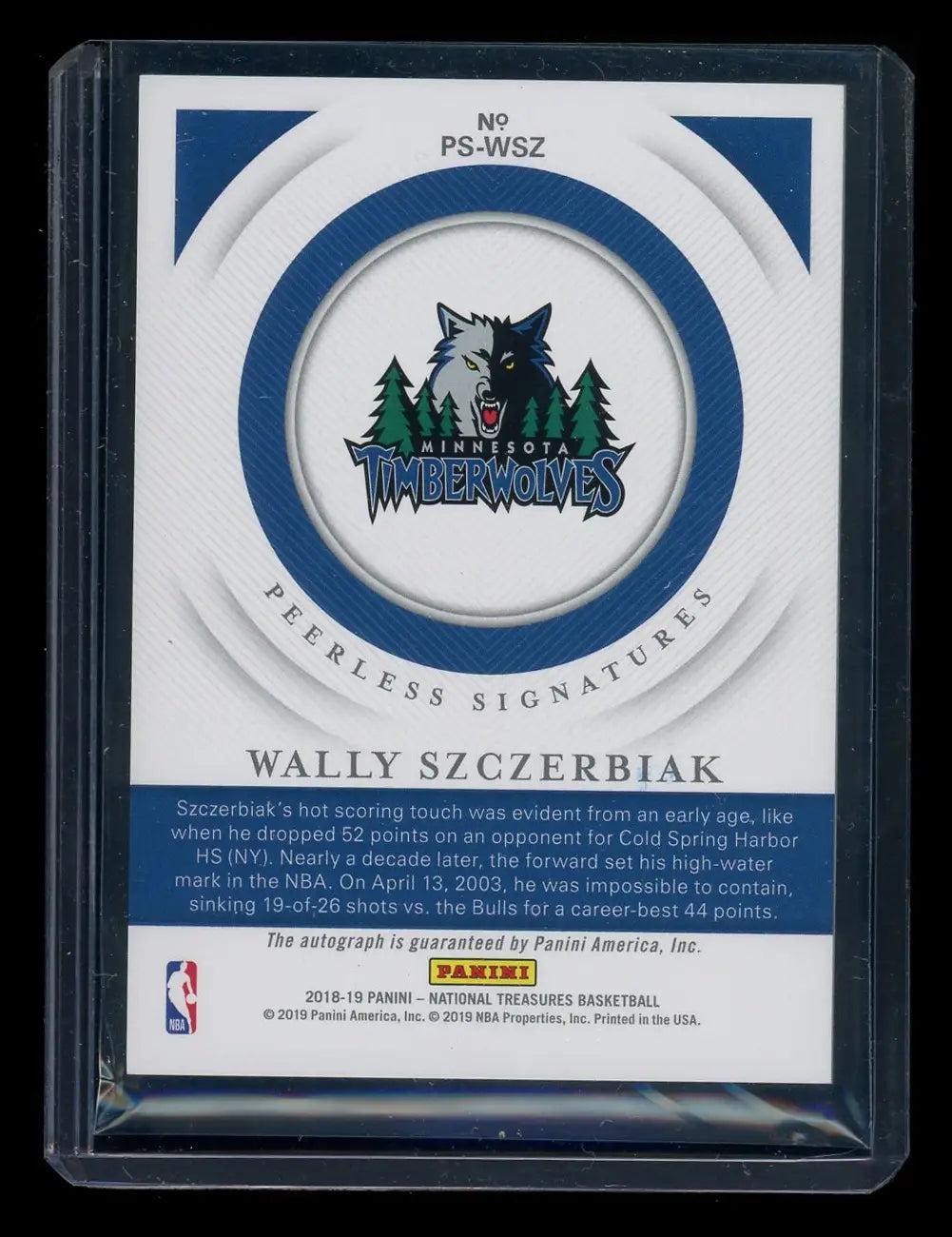 Panini National Treasures Peerless Wally Szczerbiak basketball trading card with Timberwolves logo