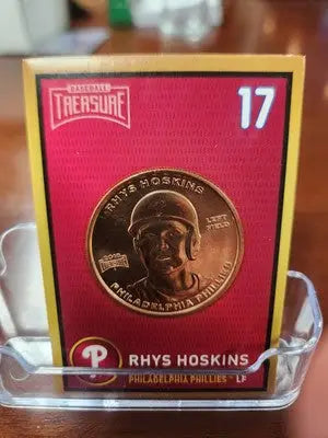 Rhys Hoskins baseball card from 2018 Baseball Treasure Coin Card series featuring coin card design
