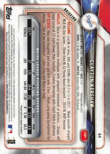 2018 Bowman #64 Clayton Kershaw NM-MT Dodgers - Trading Cards