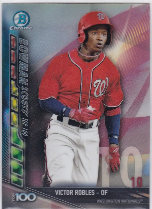 Baseball trading card of Victor Robles in red jersey for Washington Nationals Bowman Chrome
