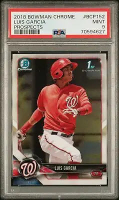 PSA-graded 2018 Bowman Chrome Luis Garcia Prospects baseball card showing chrome prospects Luis