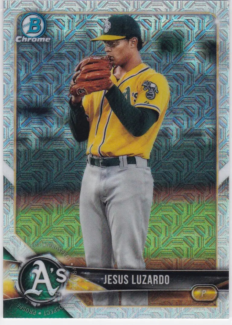 Baseball trading card featuring Jesus Luzardo Oakland Athletics in Bowman Chrome Mojo BCP126