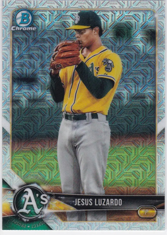 Baseball trading card featuring Jesus Luzardo Oakland Athletics in Bowman Chrome Mojo BCP126