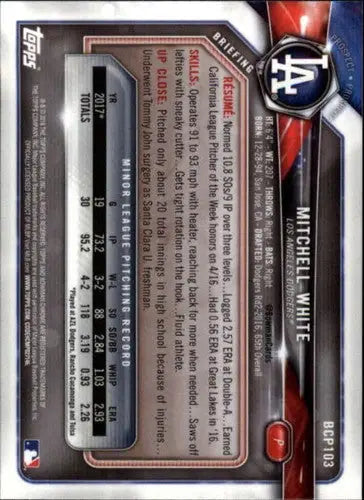 2018 Bowman Chrome Prospects #BCP103 Mitchell White NM-MT Dodgers - Trading Cards