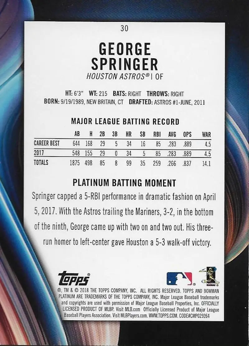 2018 Bowman Platinum #30 George Springer NM-MT Astros ID:15267 - Baseball Card