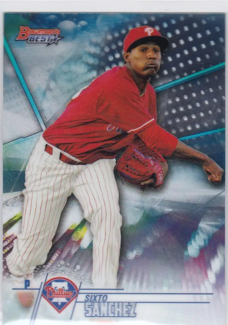 Baseball trading card of Sixto Sanchez Philadelphia Phillies in red uniform mid-throw