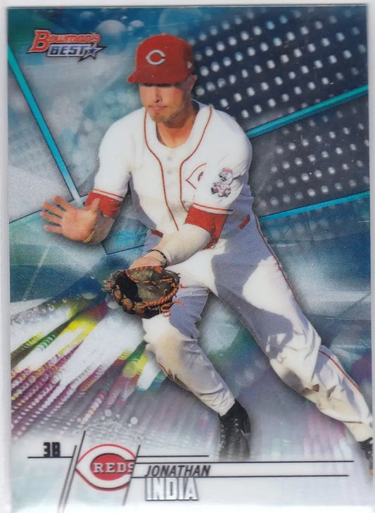 Baseball player in Cincinnati Reds uniform, Jonathan India holding bat and glove