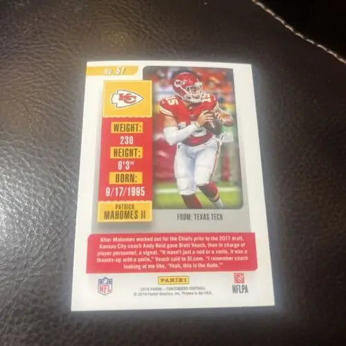 Patrick Mahomes 2018 Contenders #51 Kansas City Chiefs 2nd Year Football Card