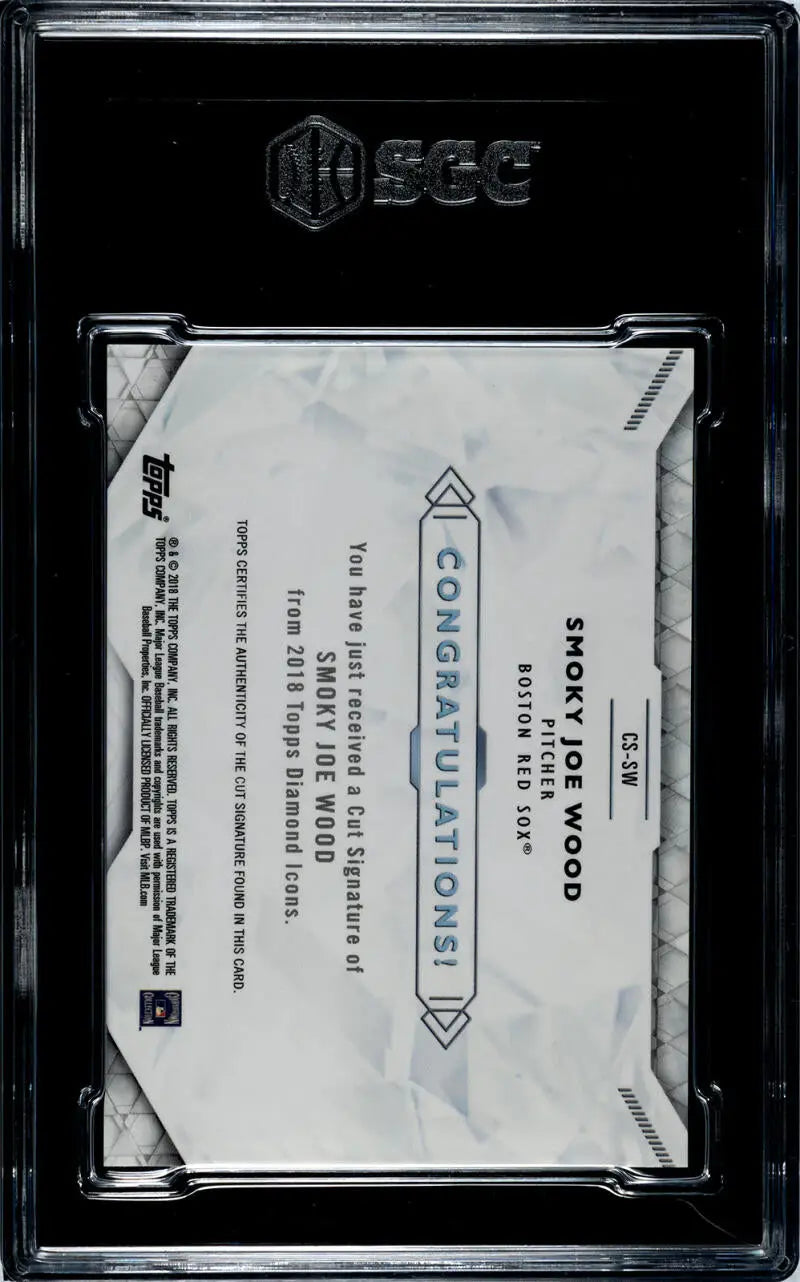 Black-bordered trading card holder featuring Smoky Joe Wood 2018 Diamond Icons card