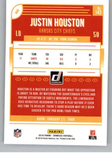 2018 Donruss #143 Justin Houston NM-MT Chiefs football card with original gloss