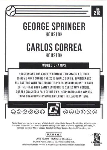 2018 Donruss #218 Carlos Correa/George Springer NM-MT Astros ID:10887