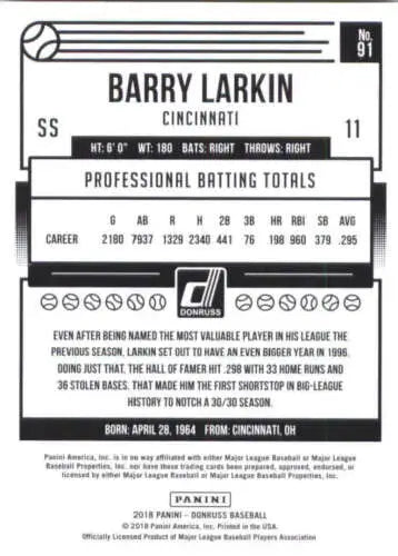 2018 Donruss #91 Barry Larkin NM-MT Reds baseball card with original gloss finish