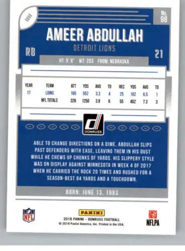 Ameer Abdullah football card 2018 Donruss #98 NM-MT Lions with original gloss finish