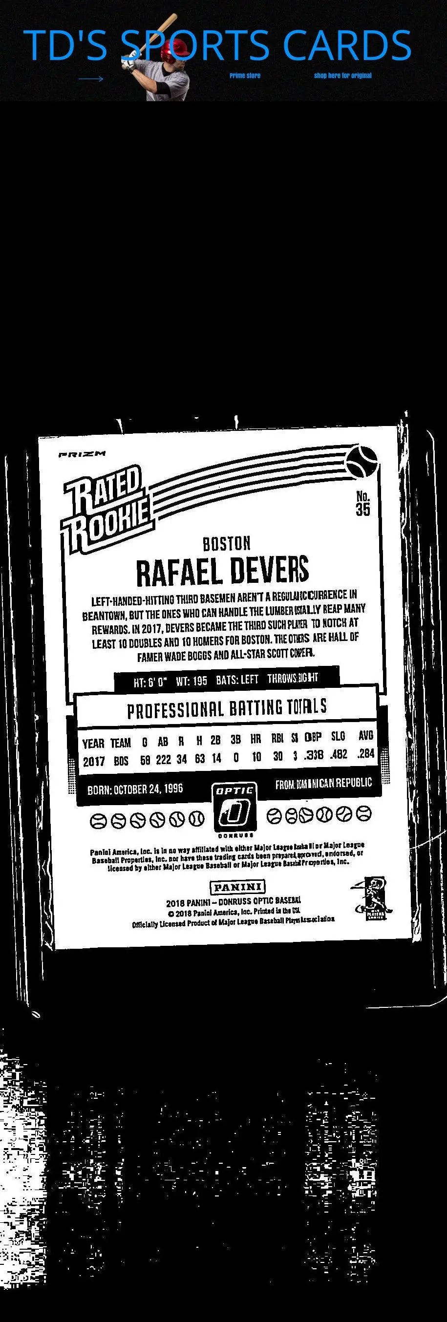 Rafael Devers rated rookie card from 2018 Donruss Optic with Rafael Devers Pink variation