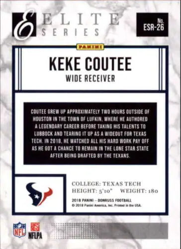 Keke Coutee football card from 2018 Donruss Elite Series Rookies with original gloss