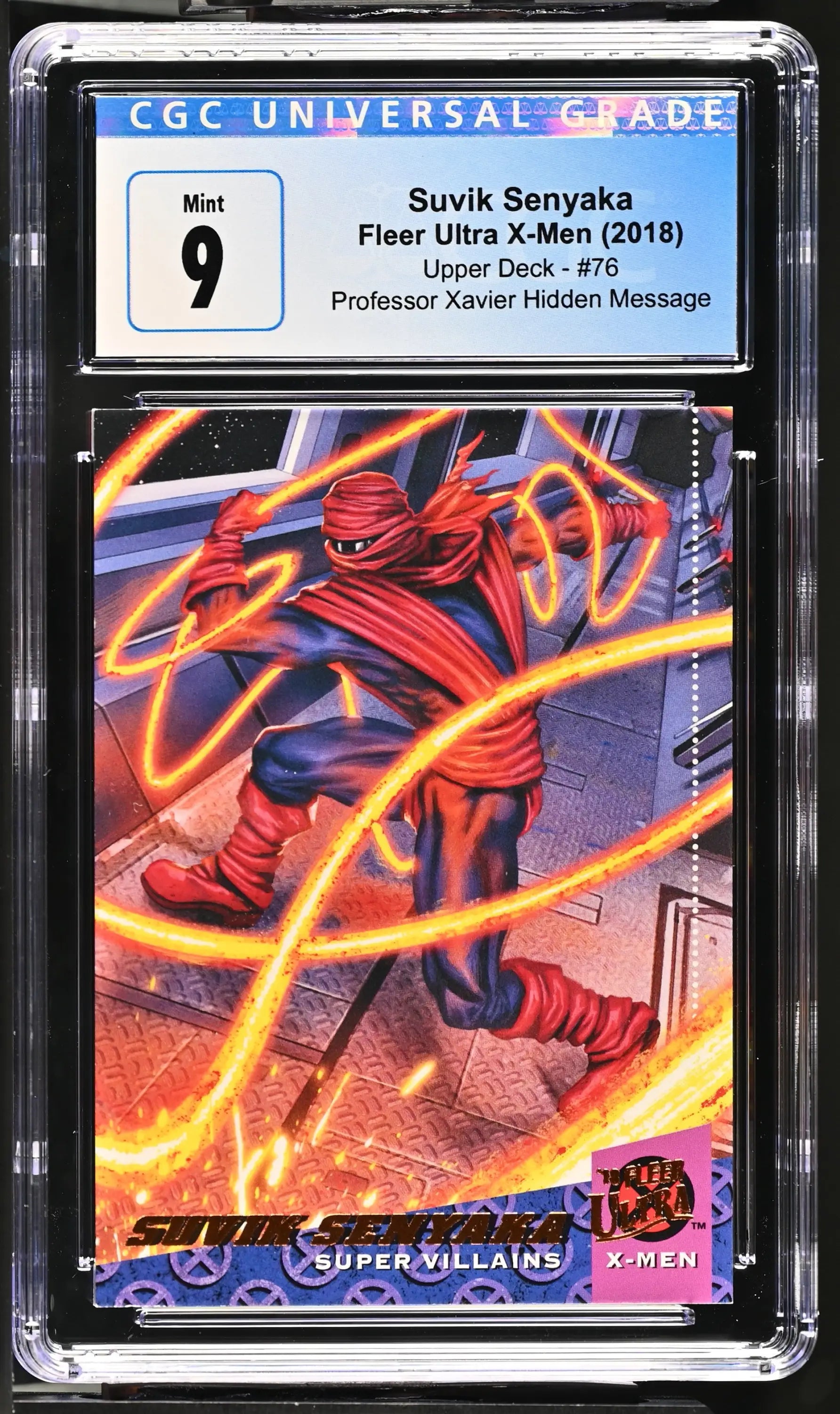 Graded trading card of Professor Xavier hidden message surrounded by fiery energy trails