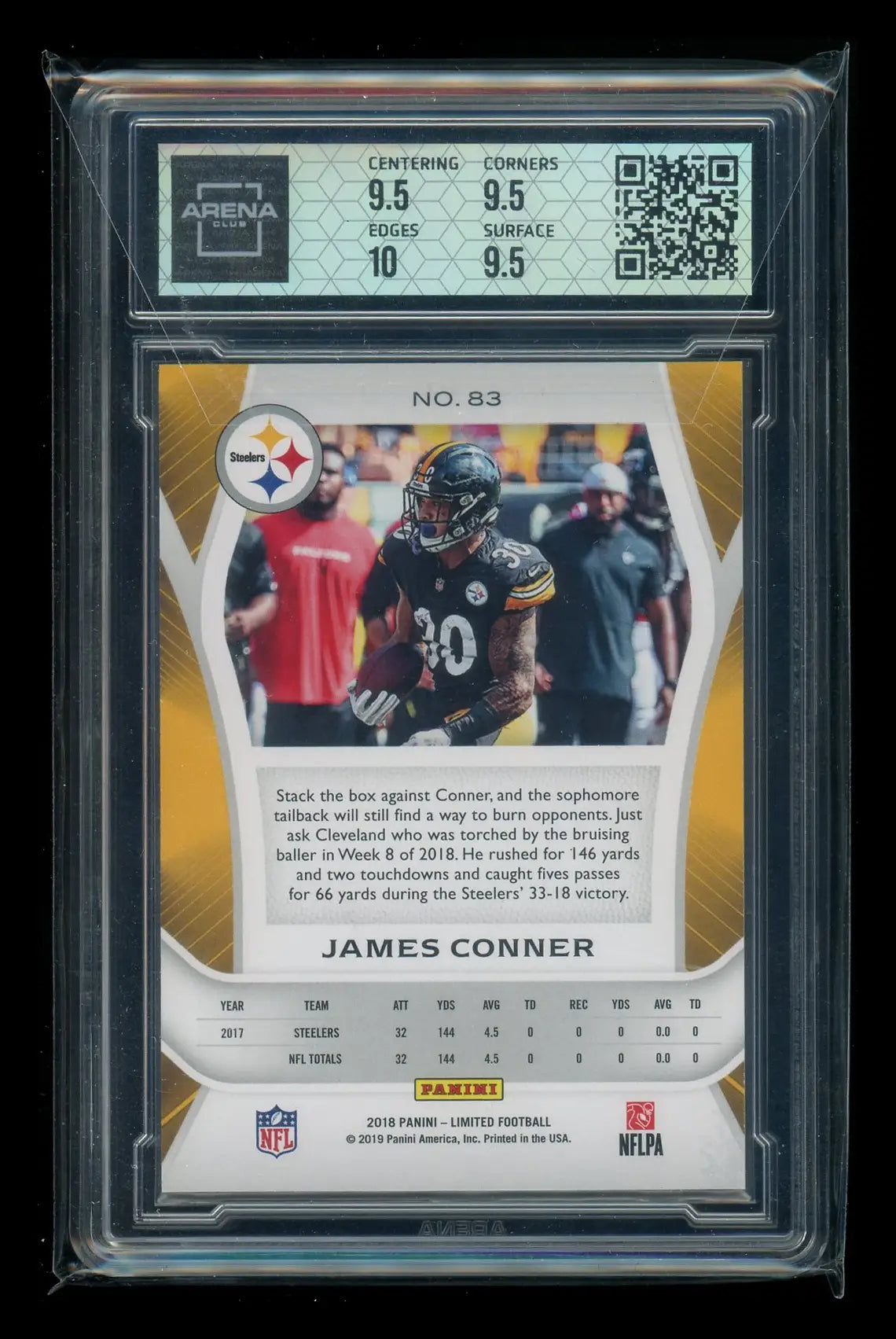 A graded Panini Limited James Conner football card from 2018 Panini Limited James Conner Arena Club