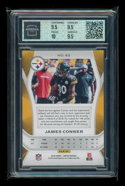 A graded Panini Limited James Conner football card from 2018 Panini Limited James Conner Arena Club