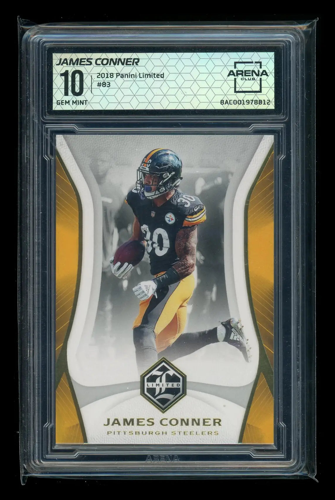 Graded 2018 Panini Limited James Conner football card displayed in 2018 Panini Limited James Conner #83 Football Arena Club 10