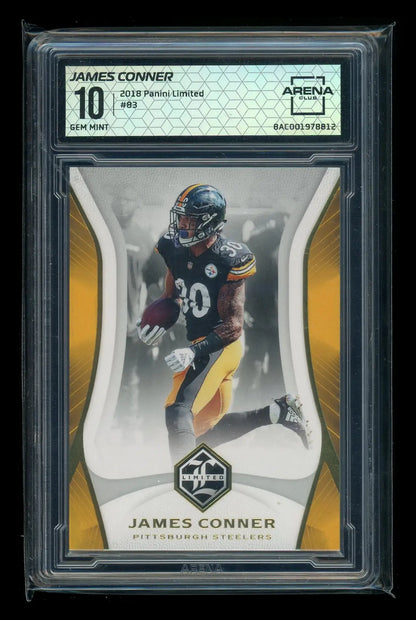 Graded 2018 Panini Limited James Conner football card displayed in 2018 Panini Limited James Conner #83 Football Arena Club 10