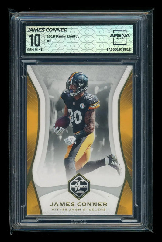 Graded 2018 Panini Limited James Conner football card displayed in 2018 Panini Limited James Conner #83 Football Arena Club 10