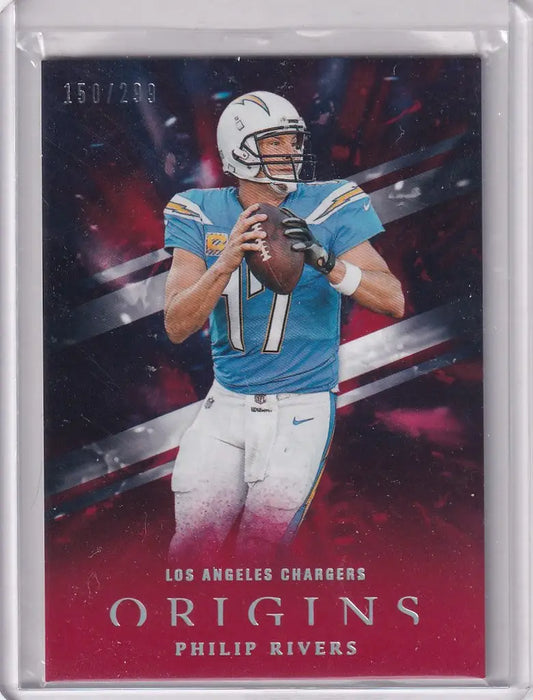 Football trading card of Philip Rivers in Los Angeles Chargers light blue jersey, Panini Origins