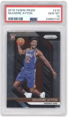 Graded rookie basketball card of Deandre Ayton from Panini Prizm Deandre series in PSA 10