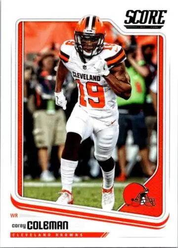 Football trading card of Corey Coleman in white jersey 19 with original gloss finish